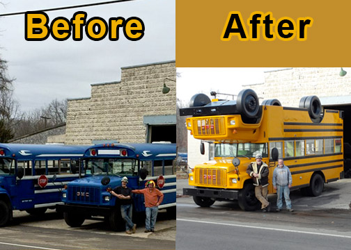 This is a before and after of the <strong>Turvy Topsy bus</strong> in front of the Mutant Brothers workshop in Kalamazoo before work began with Steve Braithwaite and Tom Brown