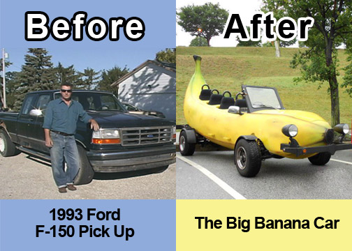 This is a before and after of the <strong>Big Banana Car</strong> showing how it looked as a 1993 Ford F-15- and now as the <strong>Big Banana Car</strong>.